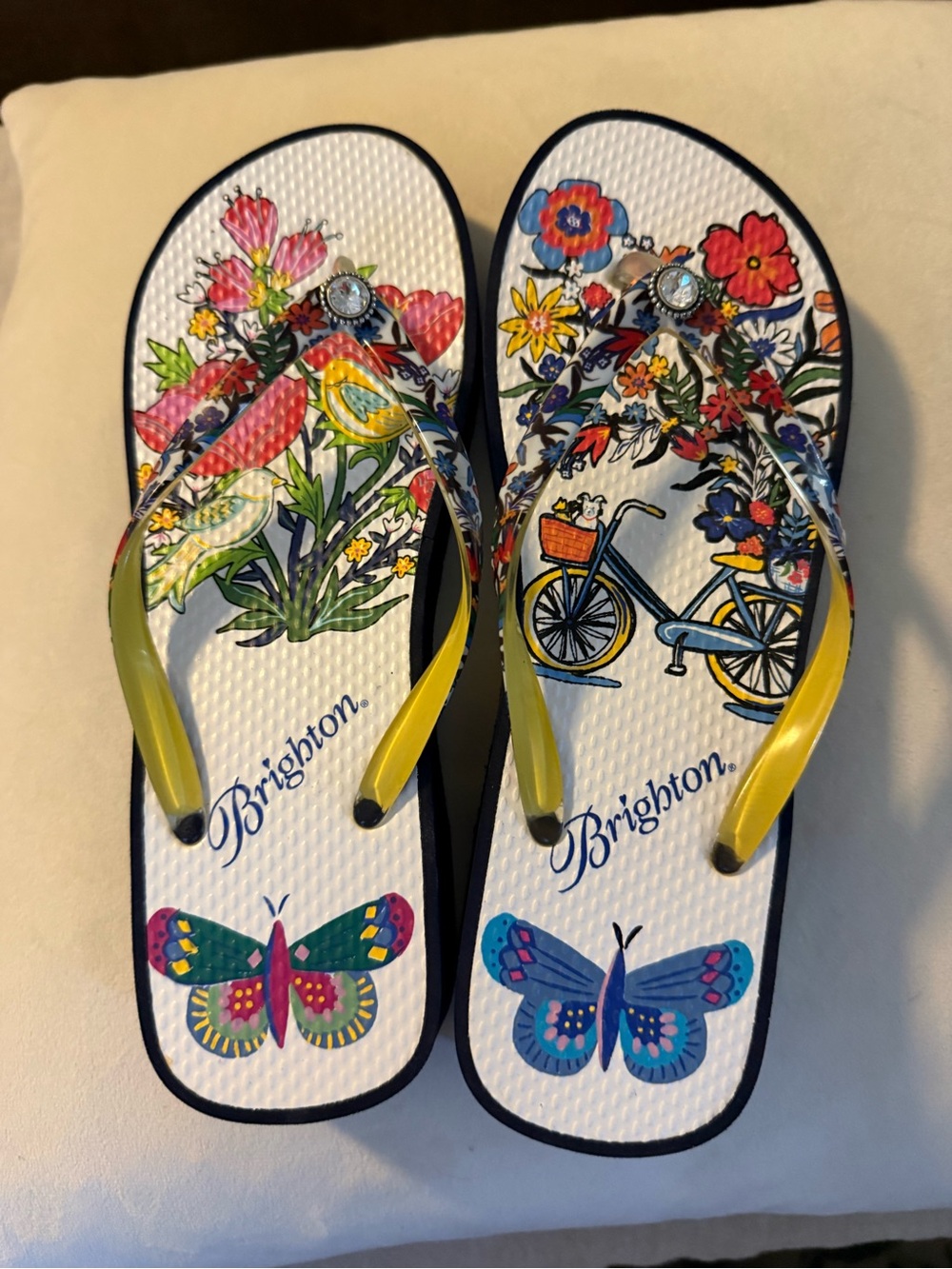 Brighton Floral & Butterfly Flip Flops - White with Yellow Straps